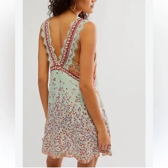 Free People Intimately East Willow Mint Multi Floral Lace-Trim V-Neck Mini Dress - Picture 4 of 8